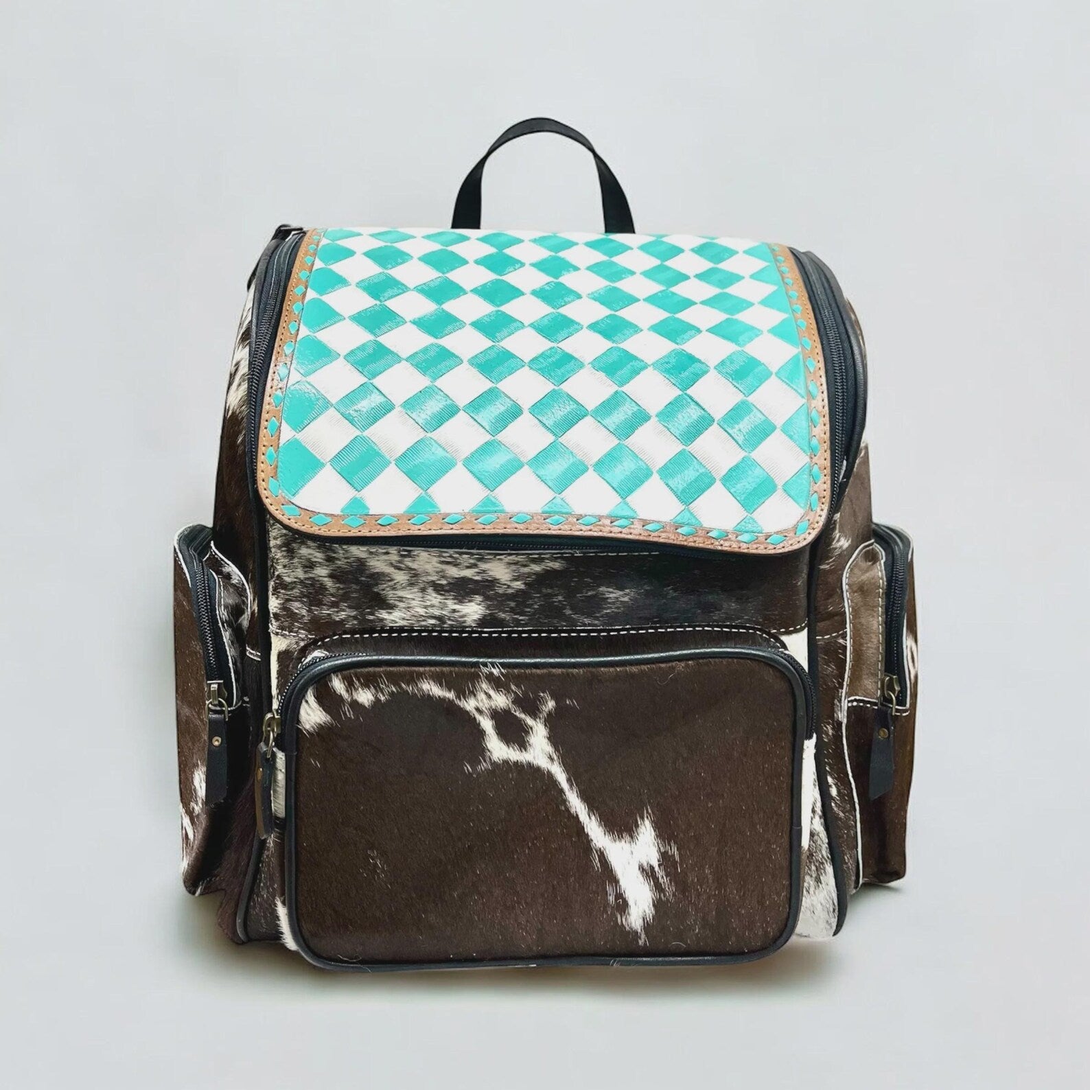 Tooled Leather Turquoise Checker & cowhide Backpack - Western Style Hair on Backpack
